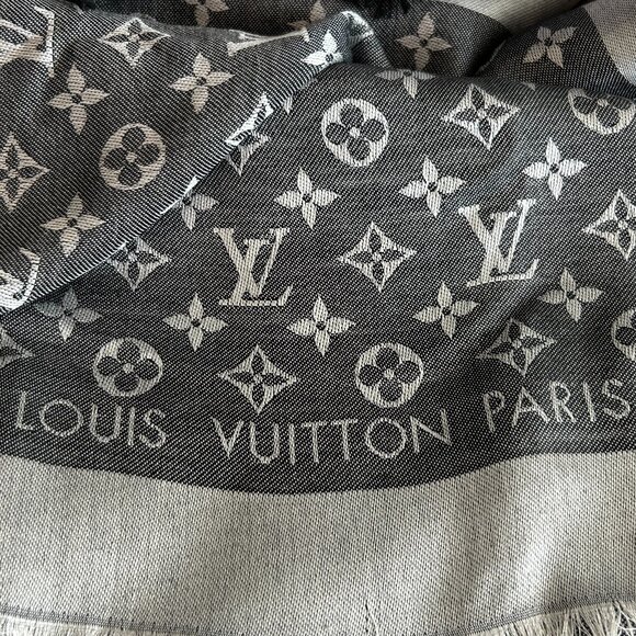 Louis Vuitton Accessories - Louis Vuitton Silk Wool Monogram Denim Shawl Black